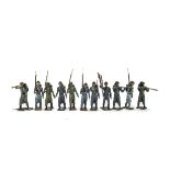 Mignot French troops in horizon blue comprising pre WW2 version marching in kepis, (8 inc bugler),