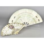 A Hamburg Amerika Linie and Ritz Advertising fan, paper and bone sticks, the Duvelleroy printed