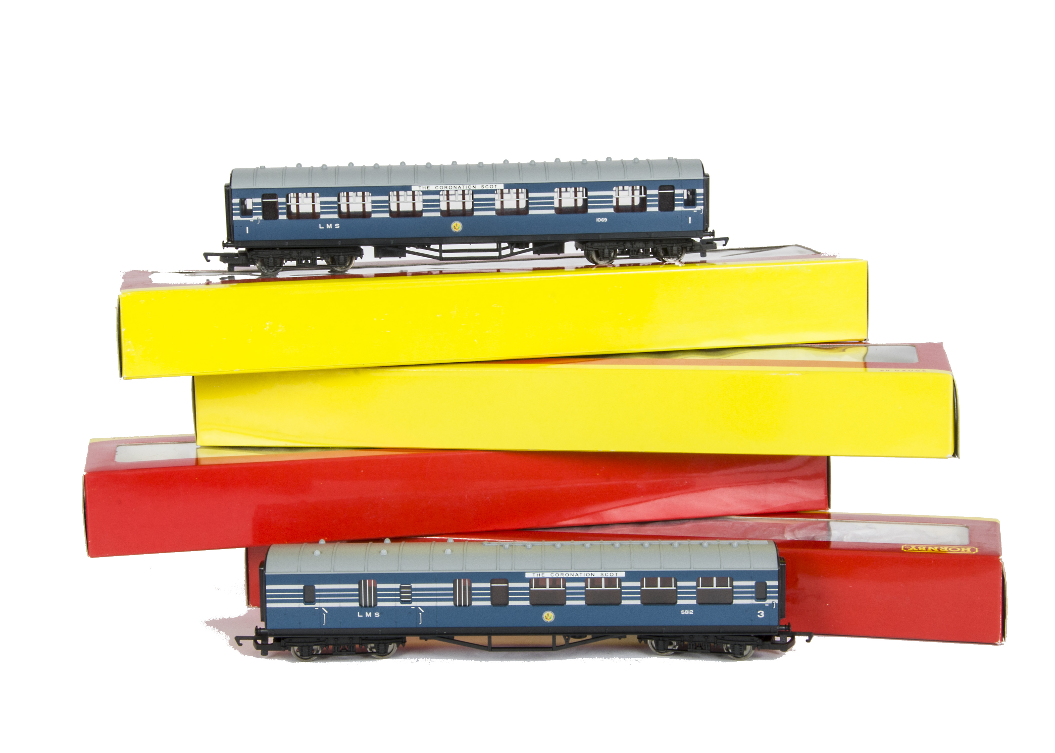 Hornby (China) 00 Gauge LMS blue Coronation coaches, R4127A, 4127C, 4128. 4128A (2) and 4128B, all