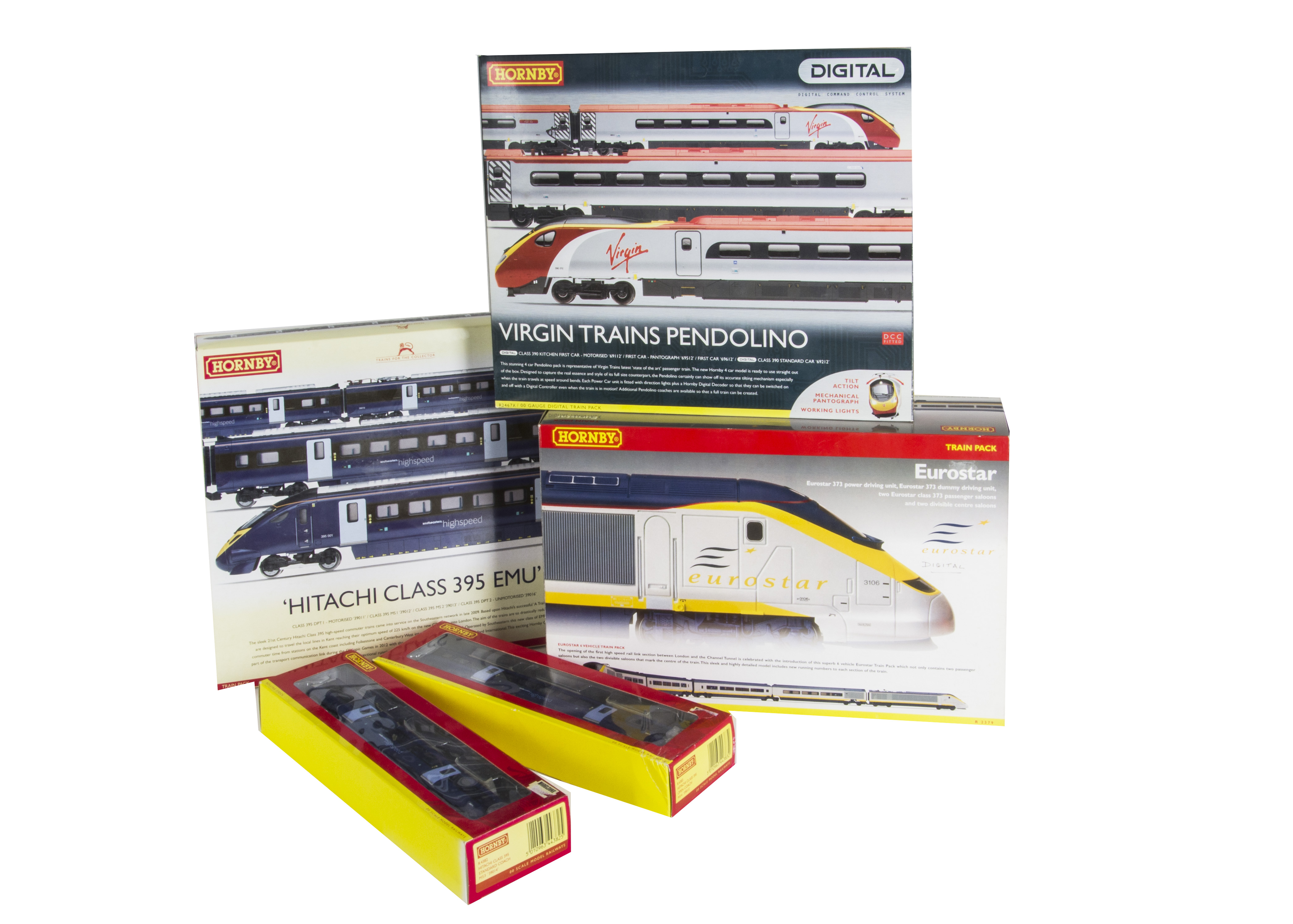 Hornby (China) Train Packs, R2821 Hitachi Class 395 EMU 4-Car set, two additional Coaches R4382/3,