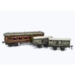 A Bing O Gauge LMS Brake/1st Coach and Milk Vans, the bogie coach in LMS crimson with interior