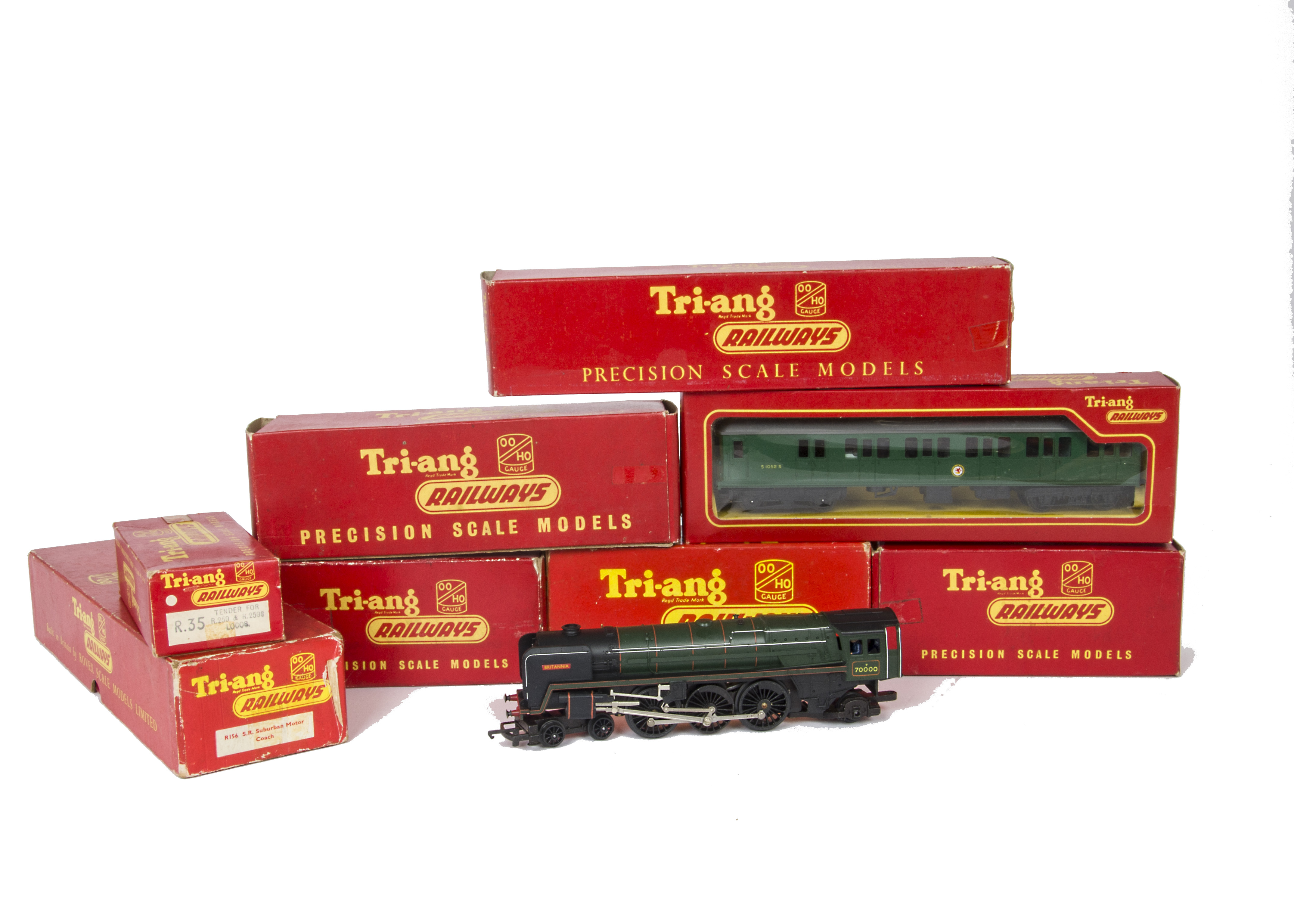 Tri-ang 00 Gauge Locomotives, Tri-ang R156 SR Suburban Motor Coach, two R225 Dummy Trailers (one