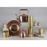 A collection of metalware, including shell cases, arts and crafts wall mounted pocket, dinner