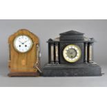 An Edwardian mahogany chequered strung eight day mantel clock, with French drum movement, white face
