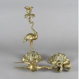 A pair of brass Thomas Abott William IV figural candlesticks, modelled as cranes with crowned