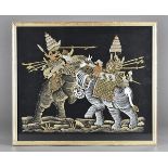 Three Siam fabric painted pictures, depicting battling elephants, dancers and chariots, framed and
