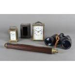 An oak octagonal cased single draw brass bound telescope, closed, 35 cm together with a pair of