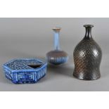 Three Swedish pottery items, including a Stig Lindberg stoneware Gustavberg vase with iron glaze, 19