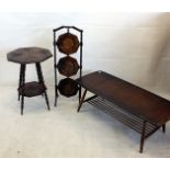 An oak cake stand, a carved 19th century table, and an Ercol style coffee table (3)
