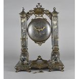 A Japanese Meiji period bronzed spelter mantel clock, modelled as a gong and bracket supported on