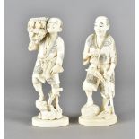 A pair of Japanese ivory Meiji period okimonos, one modelled as a corn seller, the gentleman