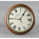 A 19th mahogany wall clock, the circular case with brass column fuse movement, white face and