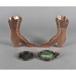 A pair of 19th century copper novelty spill vases, modelled as ladies Victorian boots, 17.5 cm