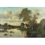 Adrian Rouseau, French School, late 19th Century, oil on canvas, river scape with cottage, signed