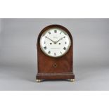 A Georgian mahogany and brass inlaid eight day double fusee mantel clock, with white painted dial,