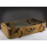 A vintage tan leather and canvas suit case from Finnegans, 80cm wide, some use and damages