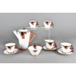 A Shelley art deco coffee set, with conical cans and fixed triangular handles decorated with