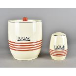 A large Mintons art deco stoneware banded kitchen barrel, for sugar and a matching flour sifter