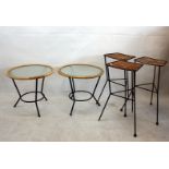 A set of three canned and iron bar stool, on tripod supports and matching pair of circular bamboo