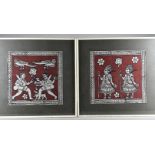 Two framed Indian batik panels, one depicting an immortal fighting a mortal and another of a pair of