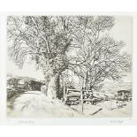 Harold Sayer, etching, Waiting for Spring, 12/500, signed to border, 23 cm x 27 cm together with a