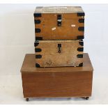 Two school boy tuck boxes, with metal covered corners together with a teak storage unit on