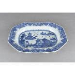 A late 18th Century Chinese blue and white platter, of octagonal form with landscape scene, 37 cm
