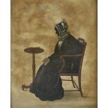 A 19th Century portrait silhouette of a seated Mrs Payne, next to a bobbin turned table in walnut