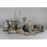 A pair of coaching lamps, a pair of fire tongs, a bronze ashtray by Gibson West Hampton and