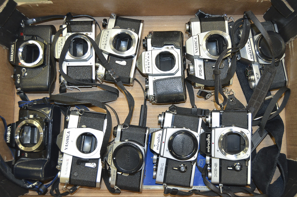 A Tray of 35mm SLR Camera Bodies, including Pentax K2, ME Super, Asahi (3), Yashica FX-2, TL Electro