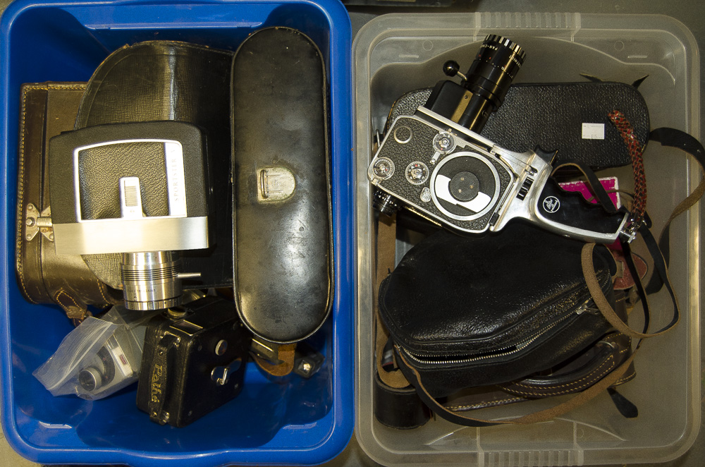 A Tray of Cine Cameras, 8mm and 16mm formats including a Bolex S1 and P2, a Yashica T3 in maker's