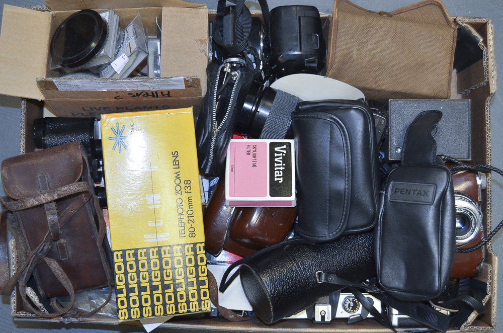 A Tray of Various Cameras, including Praktica and Yashica SLRs, a Kodak Retina IIIs, together with a