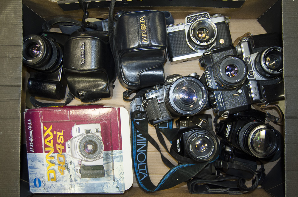 A Tray of SLR Cameras, manufacturers include Canon, Kowa, Minolta, and Yashica