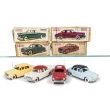Early Issue Norev 1/43 Plastic Cars, Simca Versaille, white body, red roof, Vedette Ambulance, red