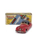 Tri-ang Minic Push & Go Jaguar XK120 Sports, red plastic body, grey roof, bare metal diecast hubs,