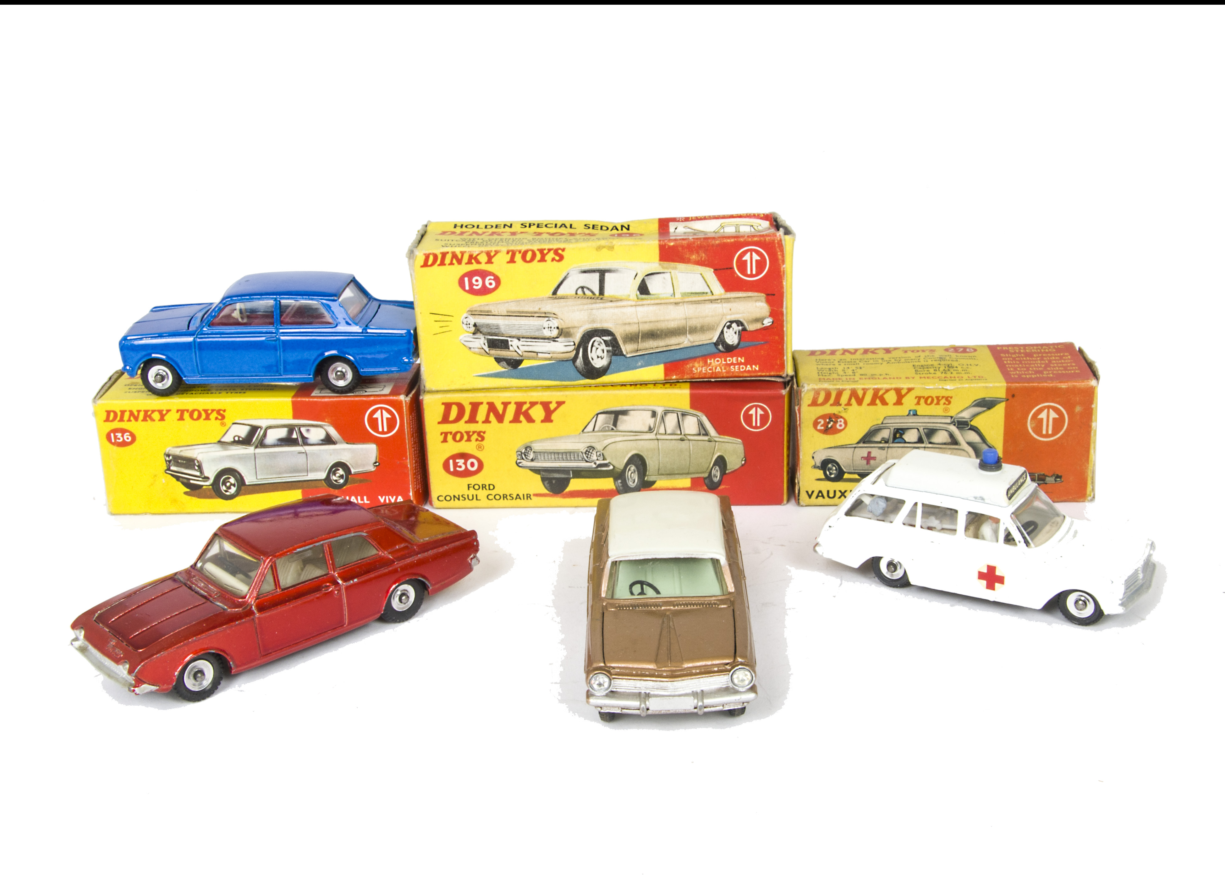 Dinky Toys 196 Holden Special Sedan, metallic bronze body, white roof, spun hubs, 136 Vauxhall Viva,