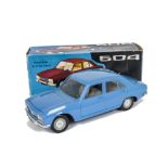 SLJ 1/18 Plastic Friction Drive Peugeot 504, blue body, brown interior, black dashboard, silver