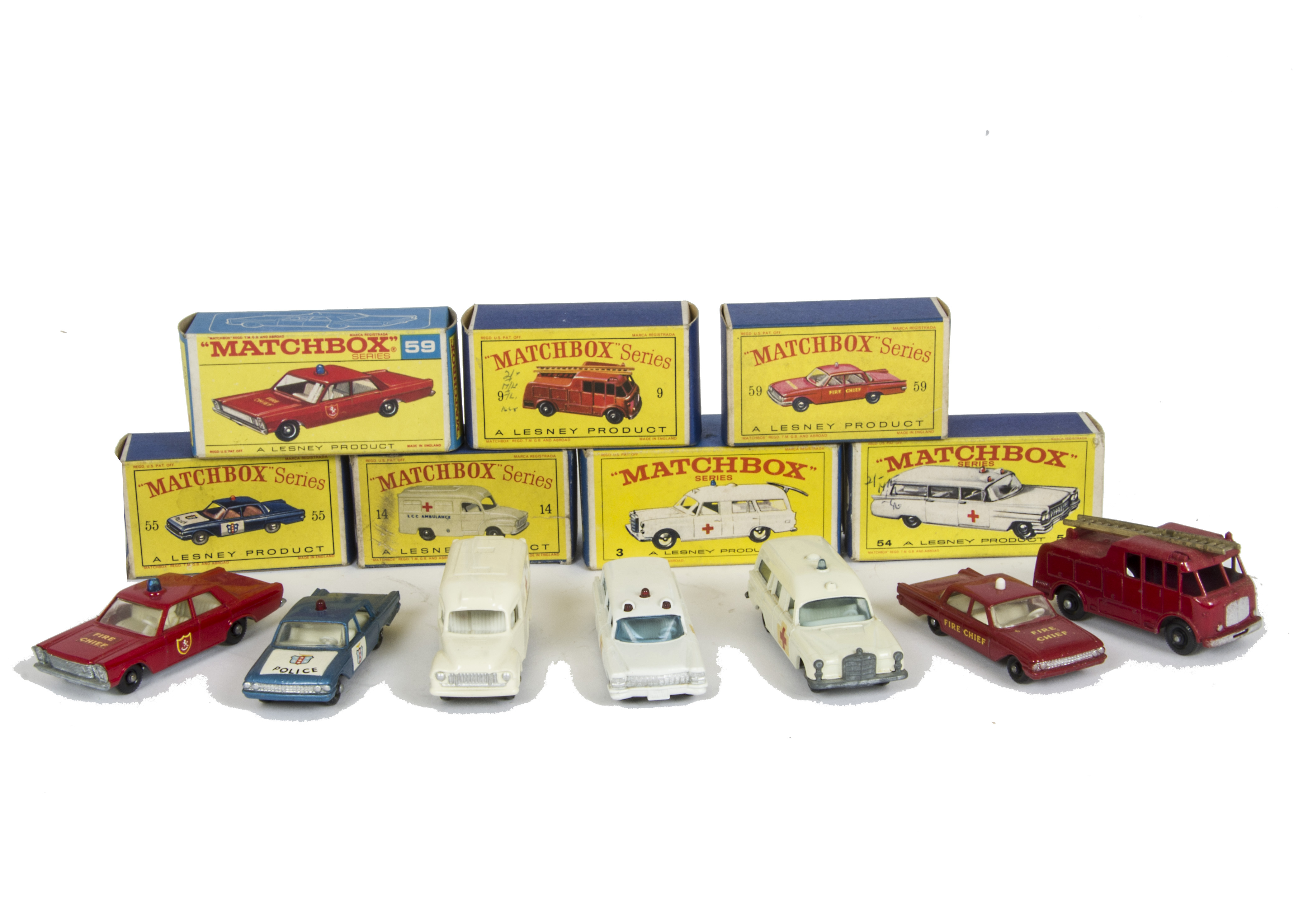Matchbox Lesney 1-75 Series Emergency Service Vehicles, 59 Fire Chief Car, 9 Merryweather Fire