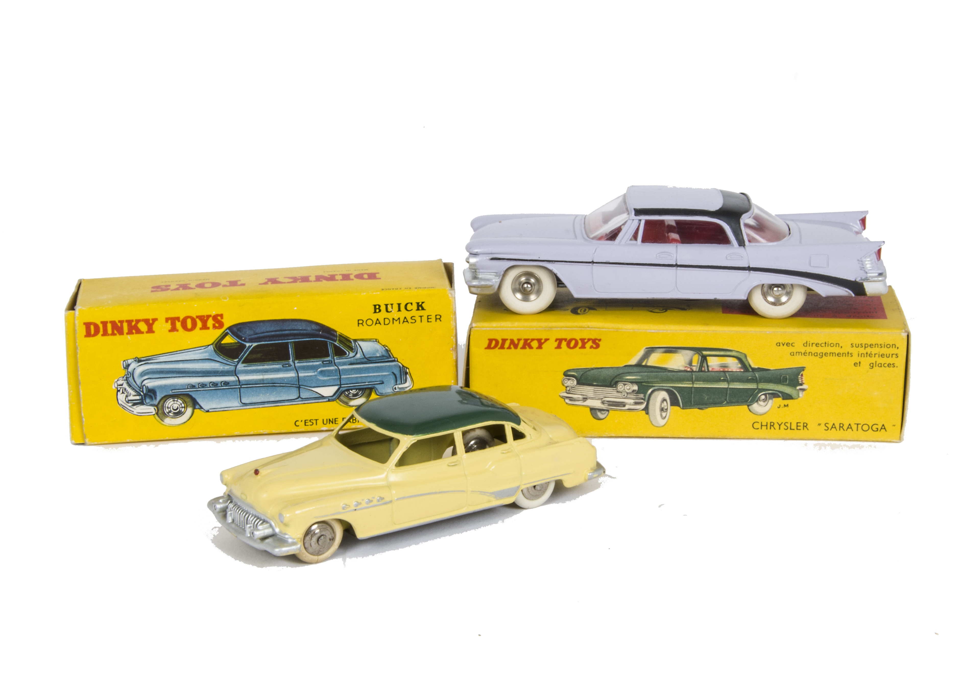 French Dinky Toys 550 Chrysler Saratoga, lilac body, black flashes, red interior, concave spun hubs,