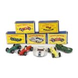 Matchbox Lesney 1-75 Series Racing Cars, 52 Maserati 4 CLT, yellow, RN52, 19 Aston Martin Racer,