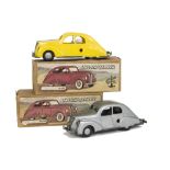 Brimtoy Plastic Clockwork Lincoln Zephyr No.9/43, two examples, one silver, one yellow, both with