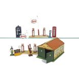 Dinky Toy Accessories, including pre-war 45 Meccano Dinky Toys tinplate Garage, post-war Police Box,