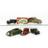 Tri-ang Minic Tinplate Cars, red pre-war Austin with Shell Petrol Can, green Chrysler Airflow