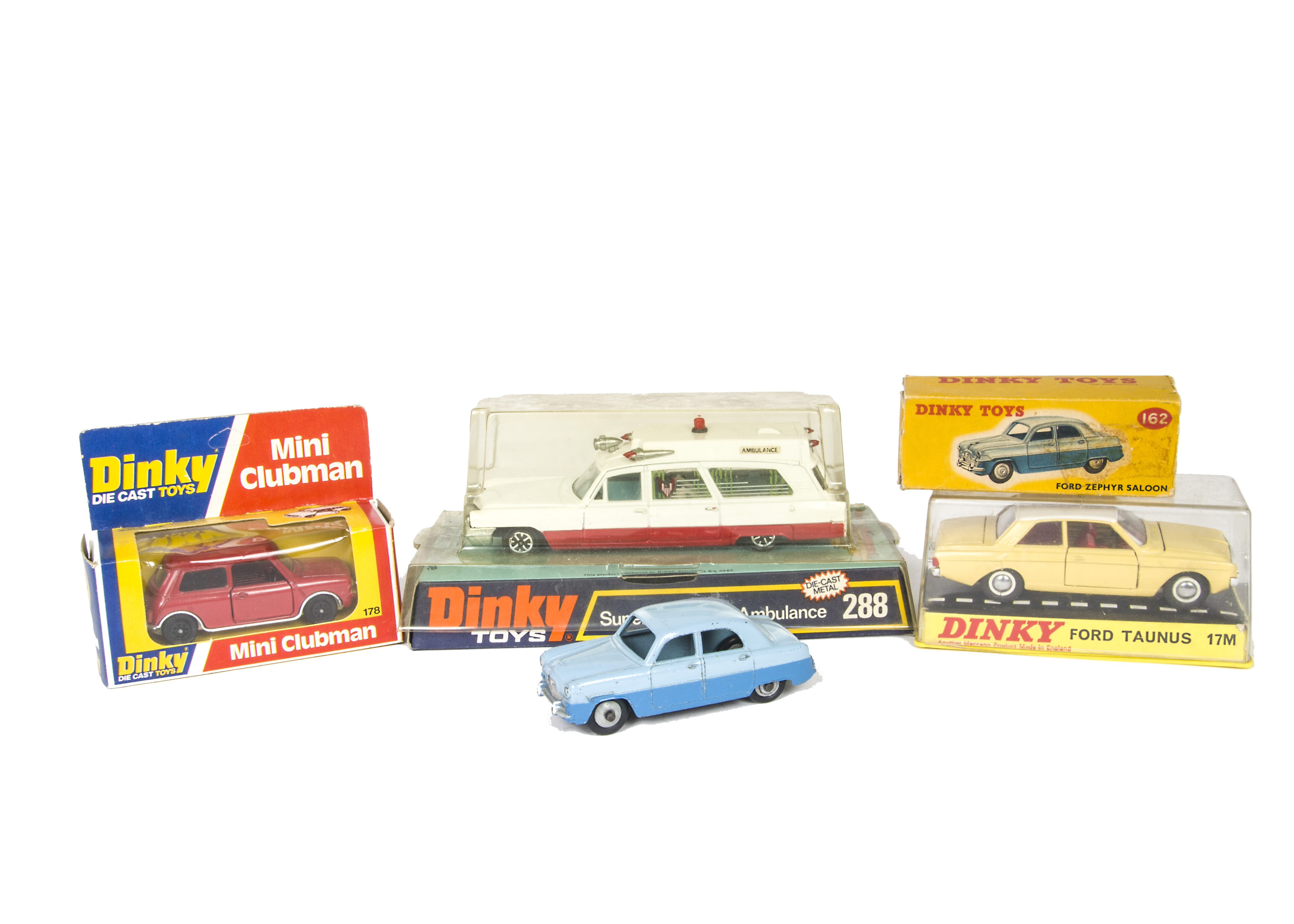 Dinky Toys 162 Ford Zephyr Saloon, two-tone blue body, 154 Ford Taunus 17M, pale yellow body,