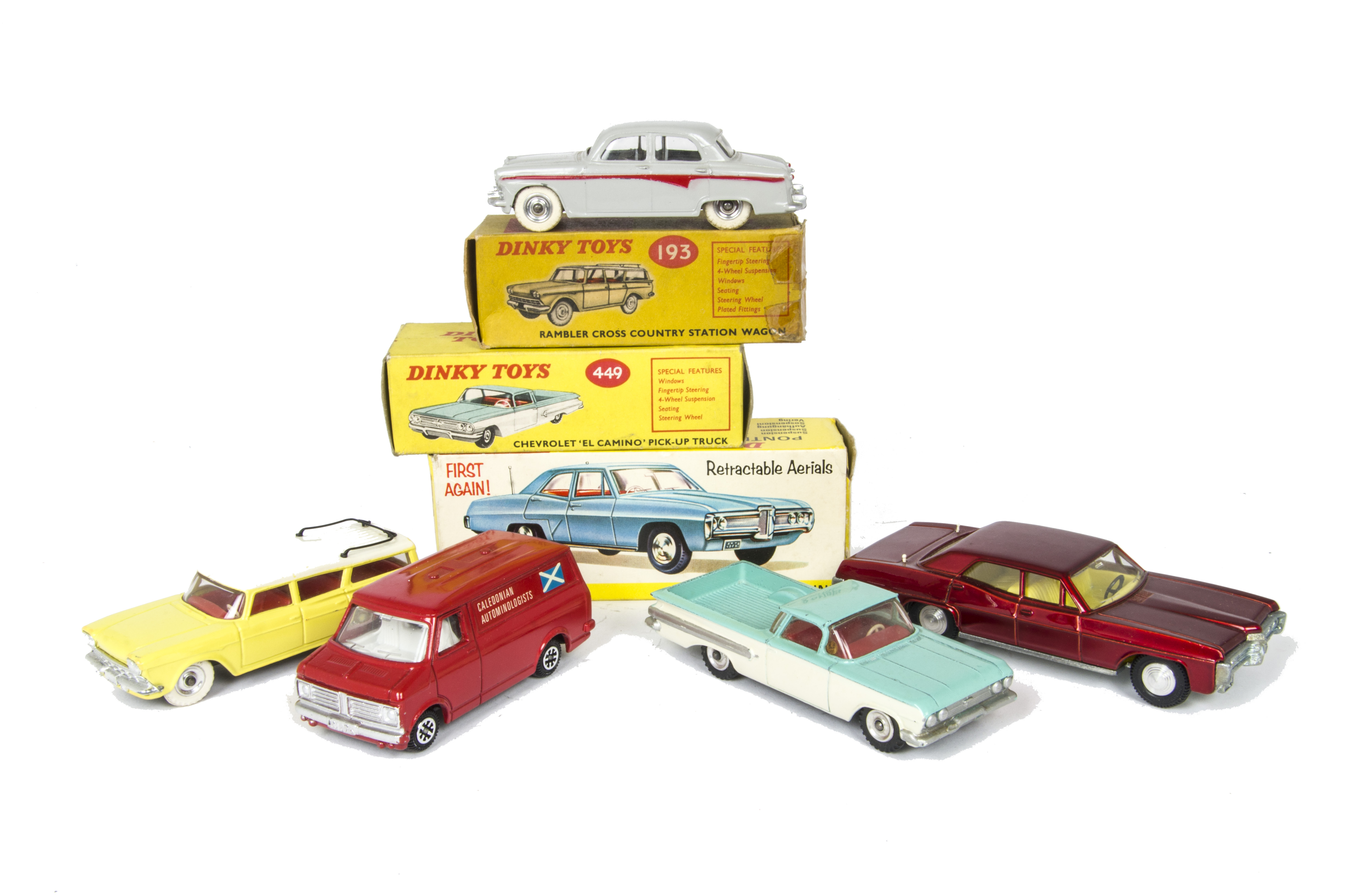 Dinky Toys 449 Chevrolet El Camino, 193 Rambler Cross Country Station Wagon, 173 Pontiac Parisienne,