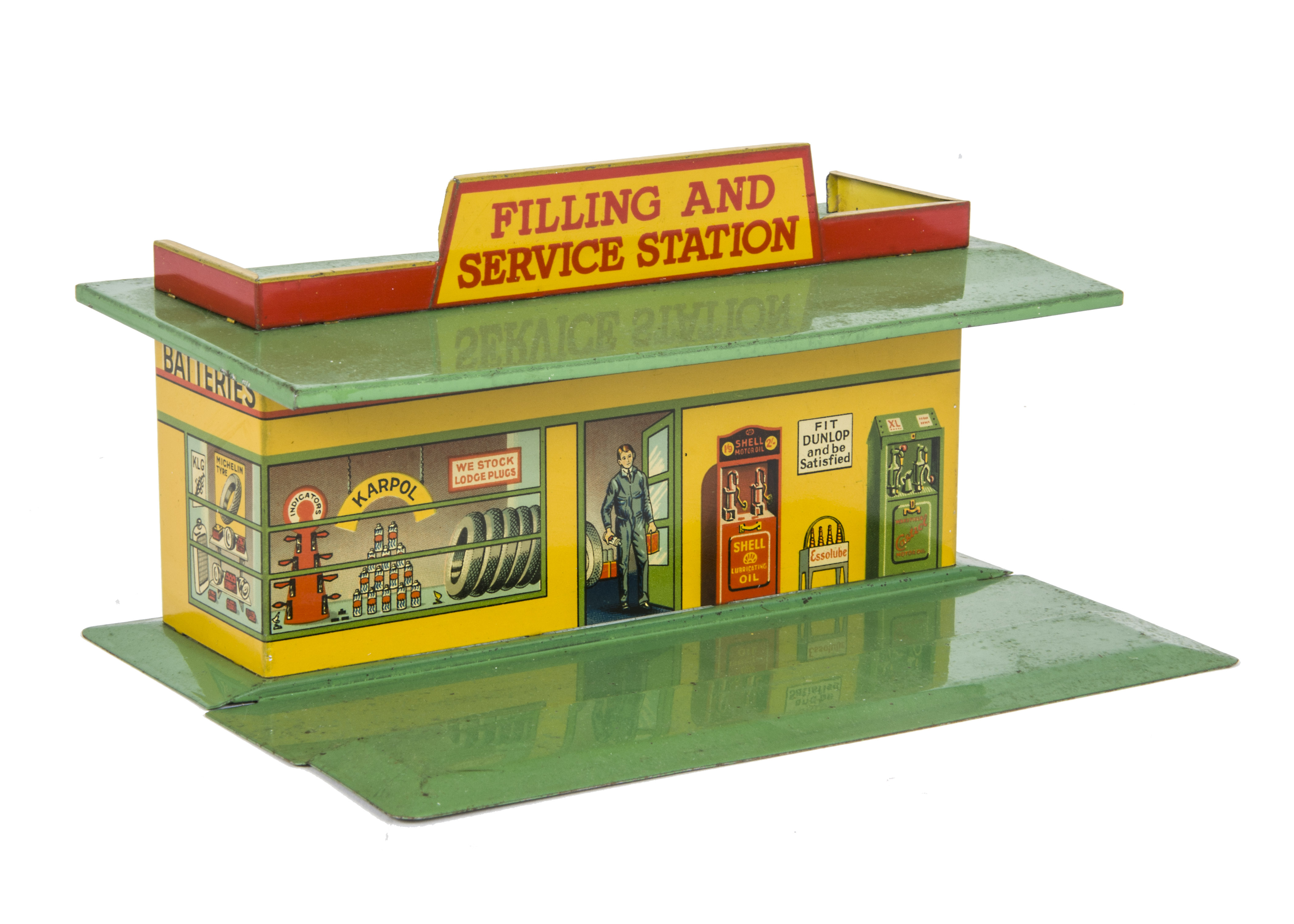 A Pre-War Dinky Toys 48 Filling & Service Station, tinplate construction, green roof and base,