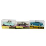 Minialuxe 1/43 Plastic Cars, Ford Consul 315, light turquoise green body, Volvo 144, seagreen