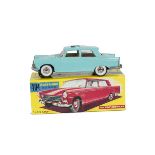 A France Jouets Plastic Battery-Operated Peugeot 404, turquoise body, brown interior, tinplate base,