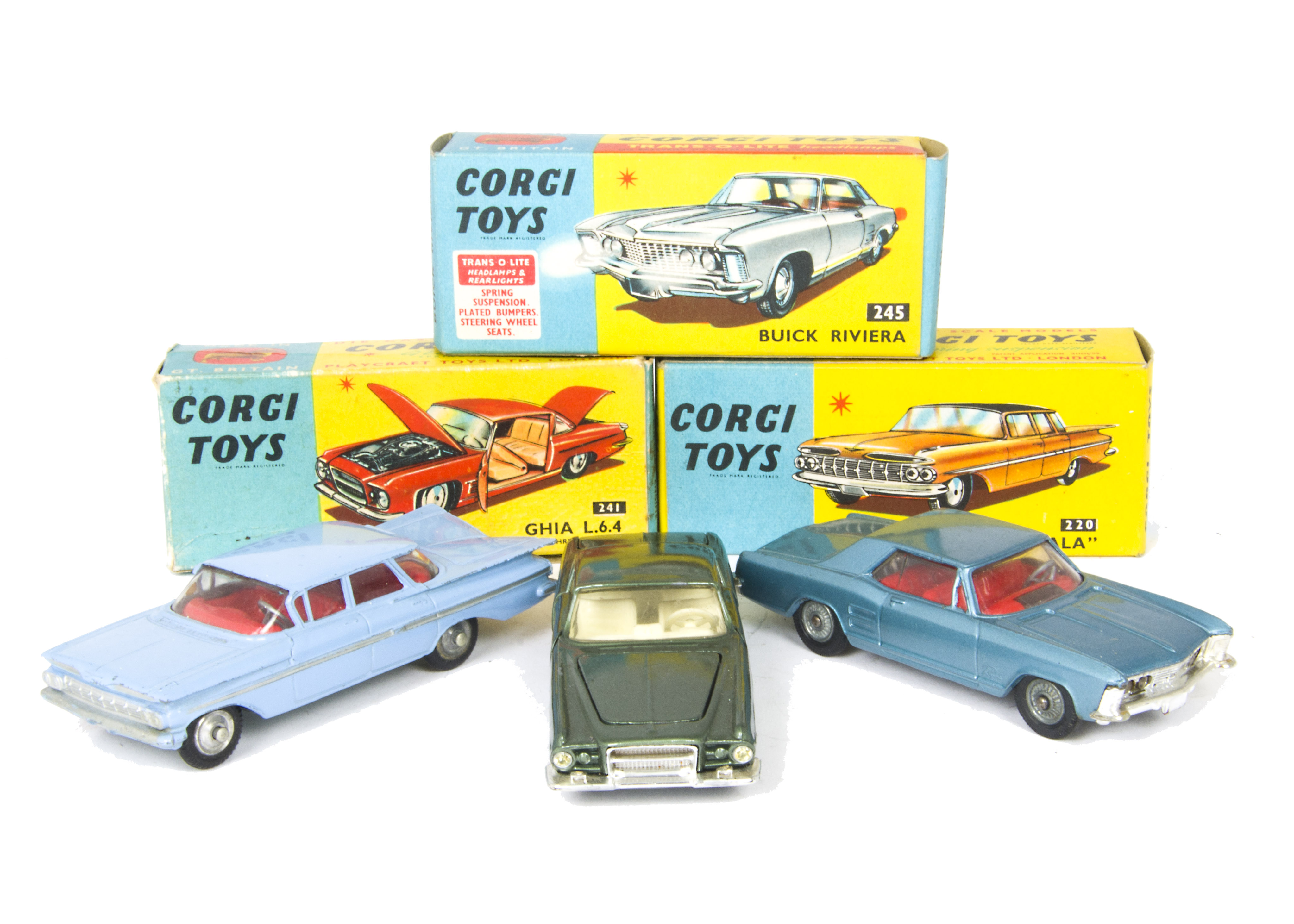 Corgi Toys 220 Chevrolet Impala, pale blue body, red interior, spun hubs, 245 Buick Riviera,