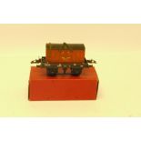 An Uncommon Hornby O Gauge Post-War Boxed SR Flat Truck with Meat Container, the wagon in dark SR